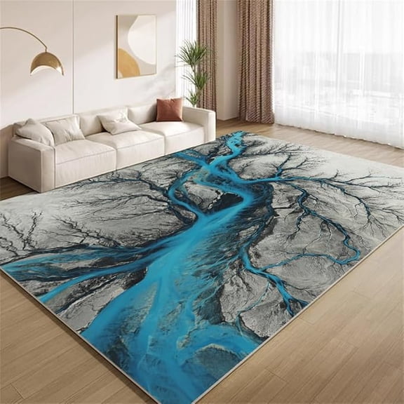 Glacier Blue River Area Rugs Modern Abstract Tree Branch Rugs Non Slip Non Shedding Print Washable Floor Carpet for Living Room Bedroom Kids Room Office Study Foyer Hallway 2 x 3ft