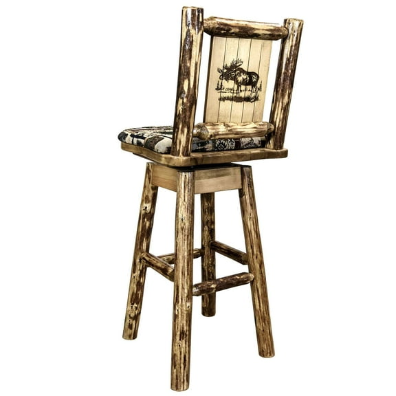 Glacier Country Collection Barstool w/ Back & Swivel, Woodland Pattern Upholstery w/ Laser Engraved Moose Design