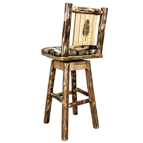 Glacier Country Collection Barstool w/ Back & Swivel, Woodland Pattern Upholstery w/ Laser Engraved Pine Tree Design