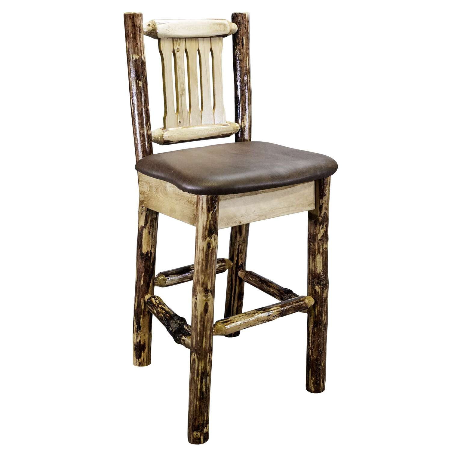 Rustic Pine Saddle-Style 30" Backless Barstool with Saddle Pattern