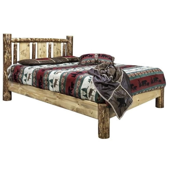 Glacier Country Collection California King Platform Bed w/ Laser Engraved Wolf Design