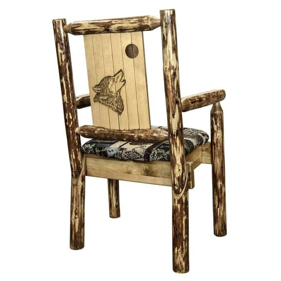Glacier Country Collection Captain's Chair, Woodland Upholstery w/ Laser Engraved Wolf Design