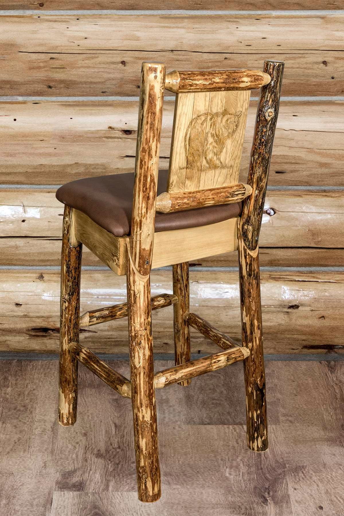 Rustic Pine Saddle-Style Barstool with Bear Engraving, 24" Brown
