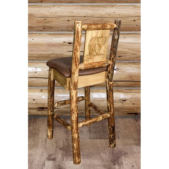Glacier Country Collection Counter Height Barstool w/ Back - Saddle Upholstery, w/ Laser Engraved Bear Design