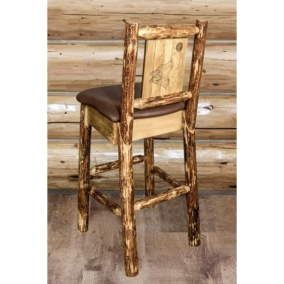 Glacier Country Collection Counter Height Barstool w/ Back - Saddle Upholstery, w/ Laser Engraved Wolf Design