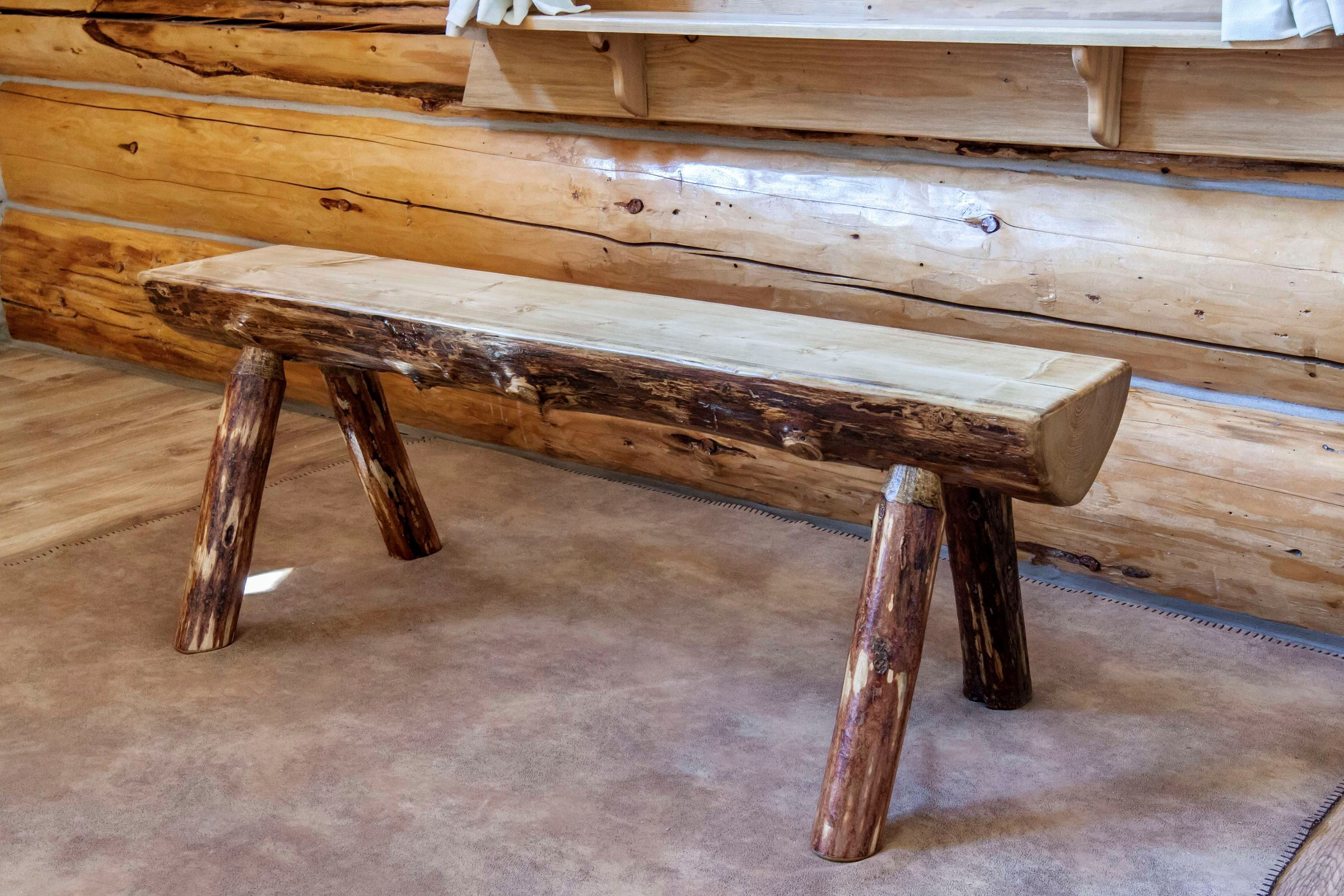 Glacier Country Rustic Lodgepole Pine Half Log Bench