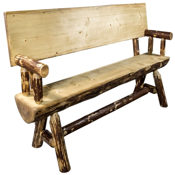 Glacier Country Collection Half Log Bench w/ Back & Arms, 4 Foot