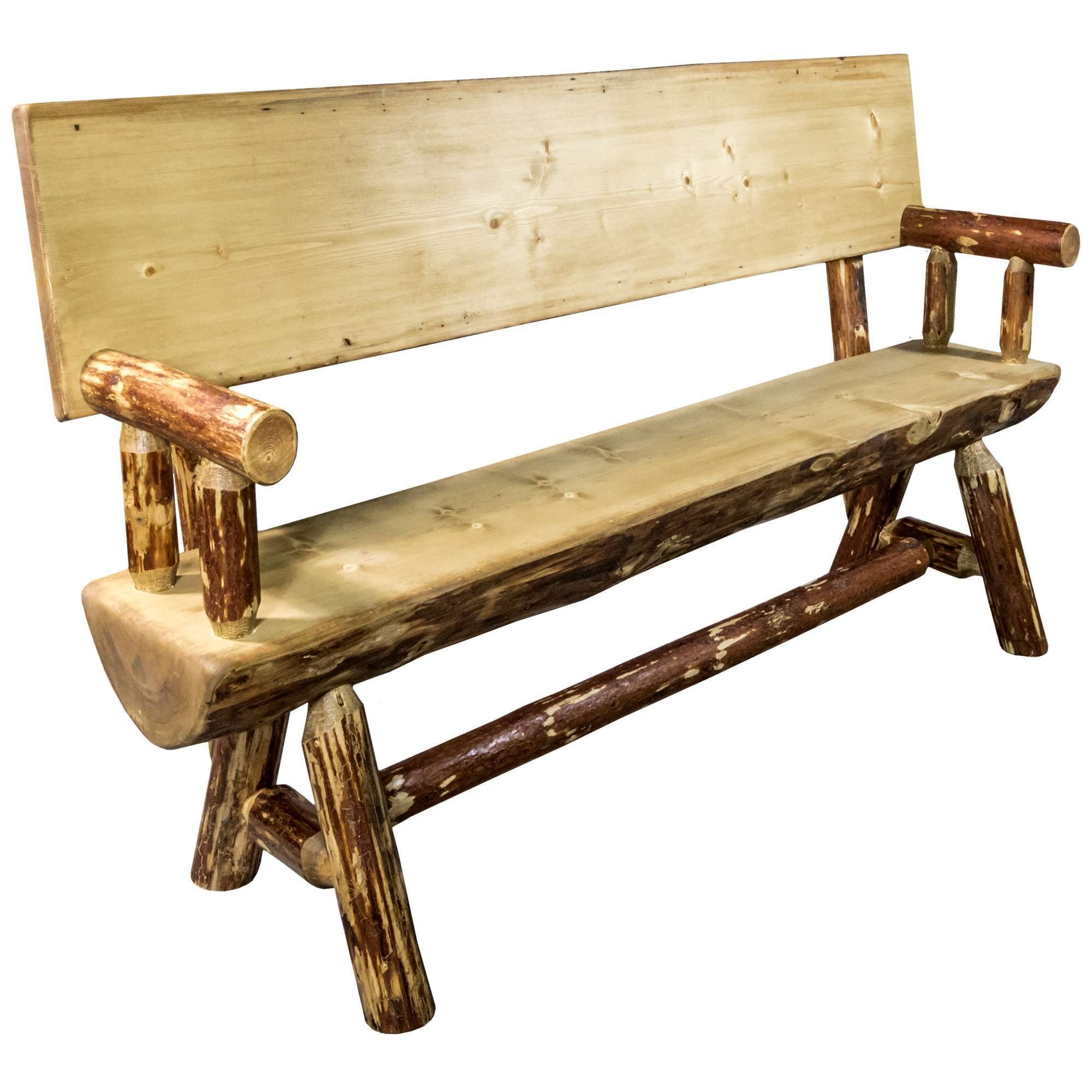 Natural Pine Half Log Bench with Back & Arms, 5 Foot