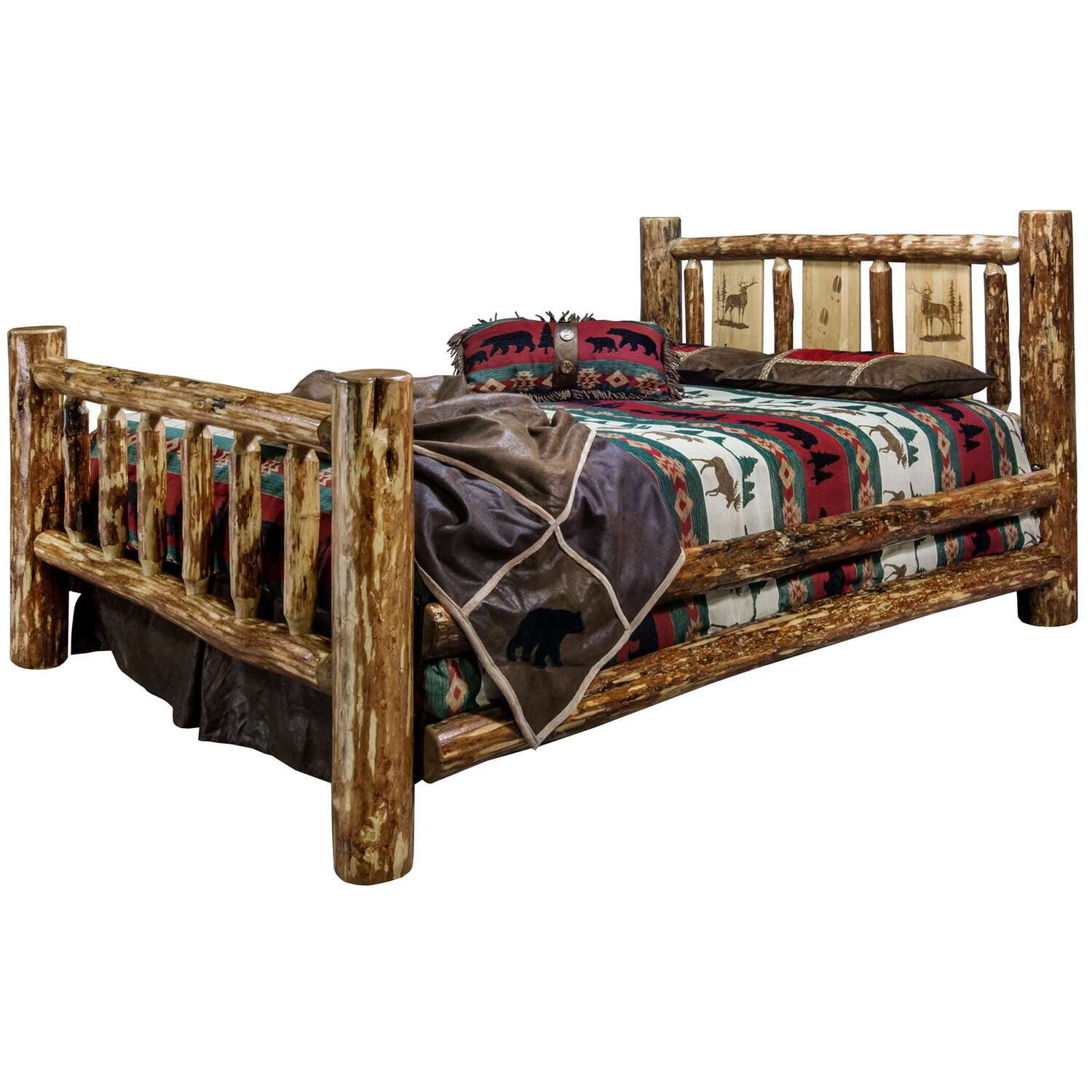 Rustic King-Sized Pine Bed with Elk Engraved Headboard