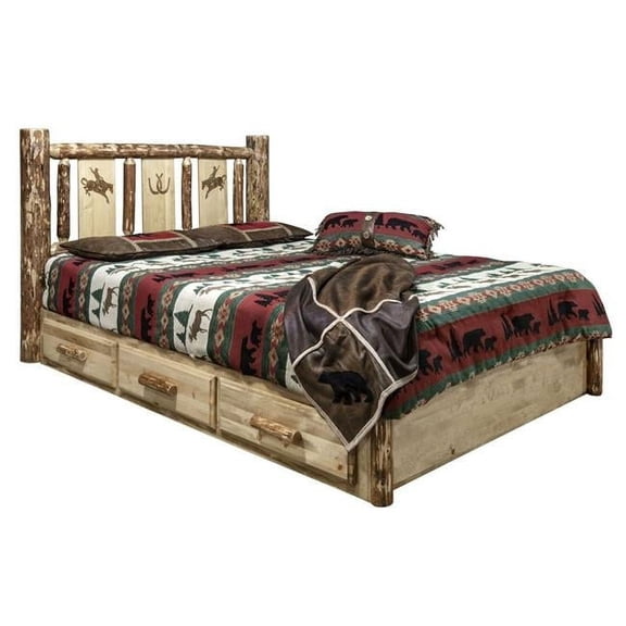 Glacier Country Collection Platform Bed w/ Storage, Queen w/ Laser Engraved Bronc Design