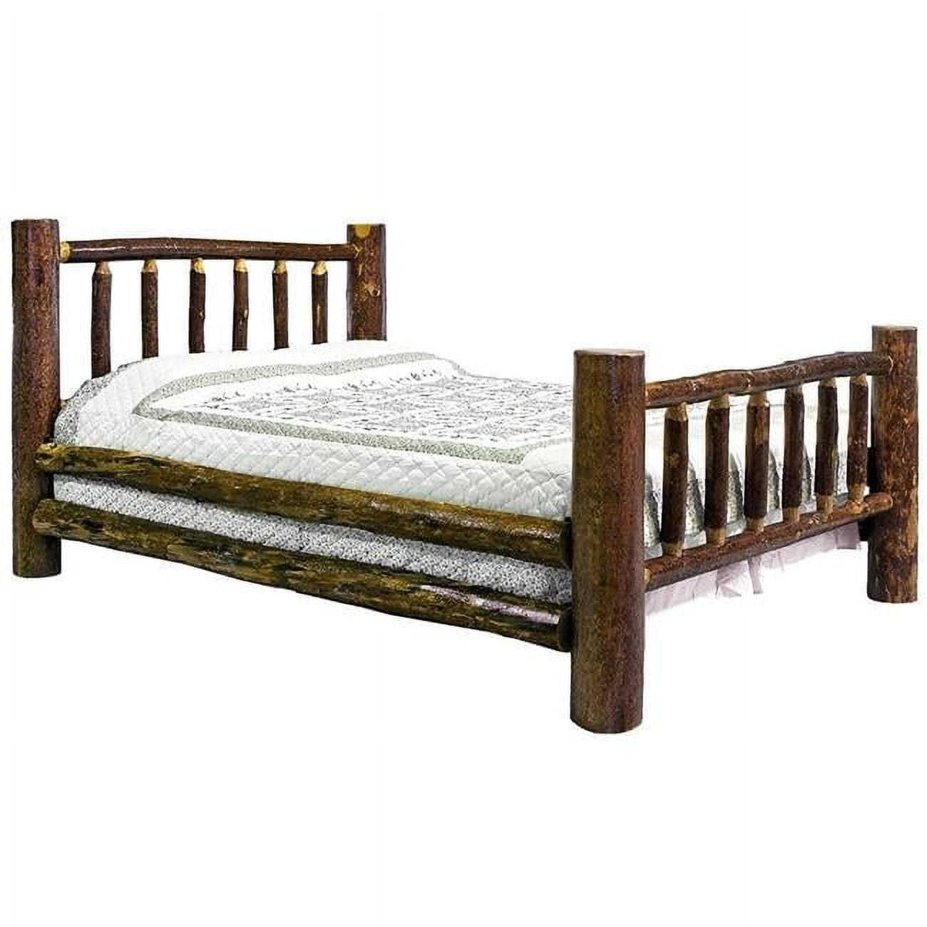 Twin Brown Pine Wood Frame Panel Bed with Engraved Headboard
