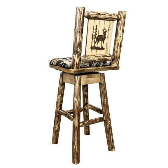 Glacier Country Counter Height Barstool with Back & Swivel, Woodland Upholstery with Laser Engraved Elk Design
