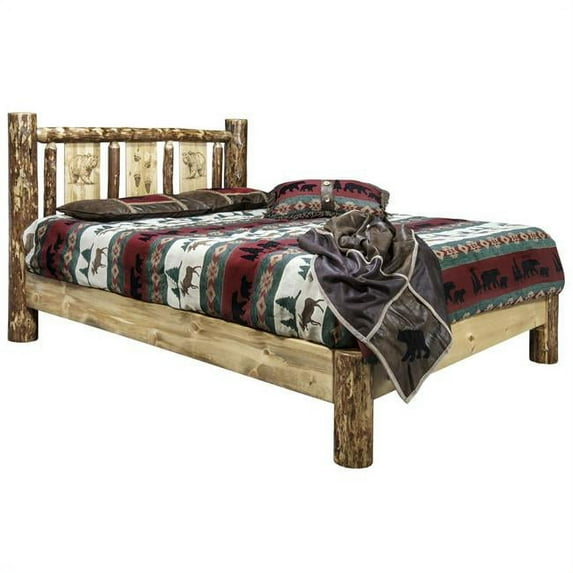 Glacier Country Platform Bed with Laser Engraved Bronc Design - Queen Size