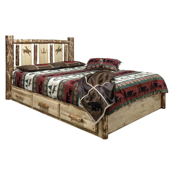 Glacier Country Platform Bed with Storage & Laser Engraved Bronc Design - King Size