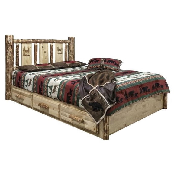 Glacier Country Platform Bed with Storage & Laser Engraved Elk Design - California King Size