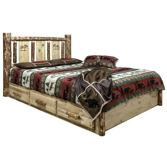 Glacier Country Platform Bed with Storage & Laser Engraved Moose Design - California King Size