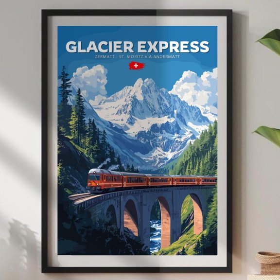 Glacier Express Poster: Swiss Alps Train Travel Art Home Decor Office Wall Art