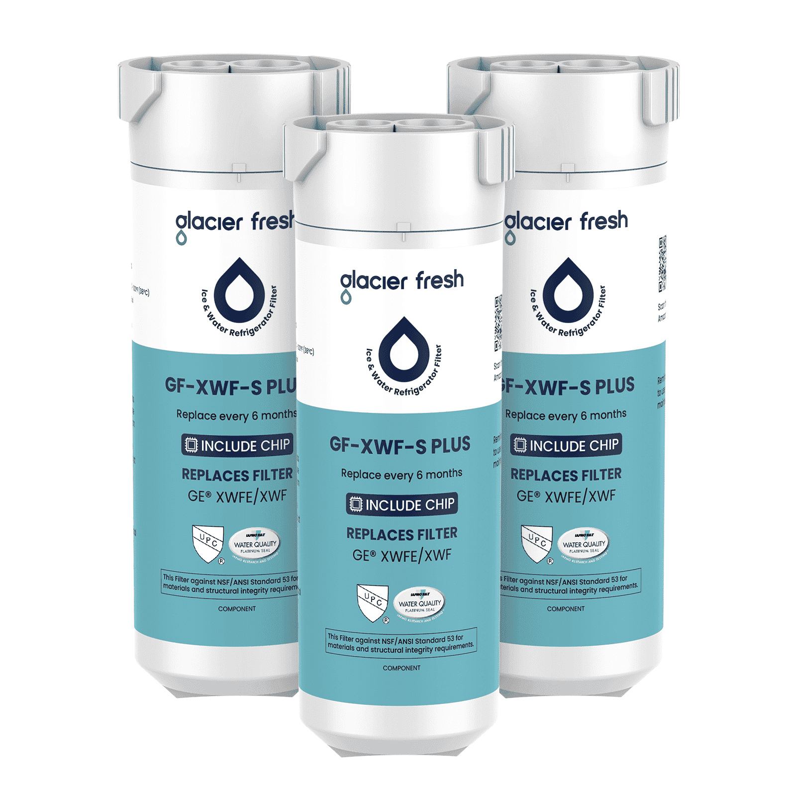Glacier Fresh XWFE Water Filter(Built-in CHIP), Replacement for GE XWFE, XWF Refrigerator Water Filter, NSF/ANSI 53 Certification, 3 Pack