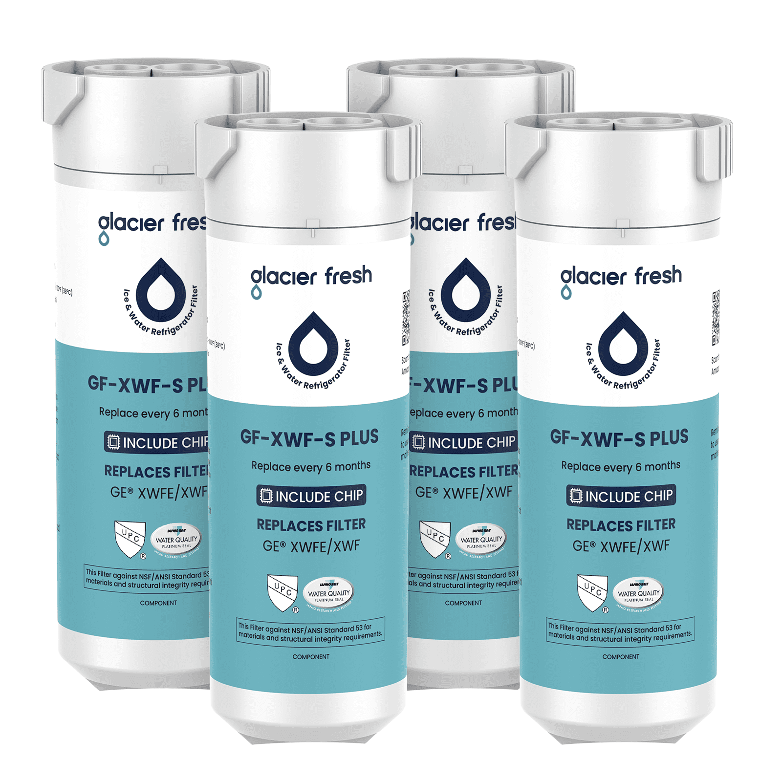 Glacier Fresh XWFE Water Filter(Built-in CHIP), Replacement for GE XWFE, XWF Refrigerator Water Filter, NSF/ANSI 53 Certification, 4 Pack