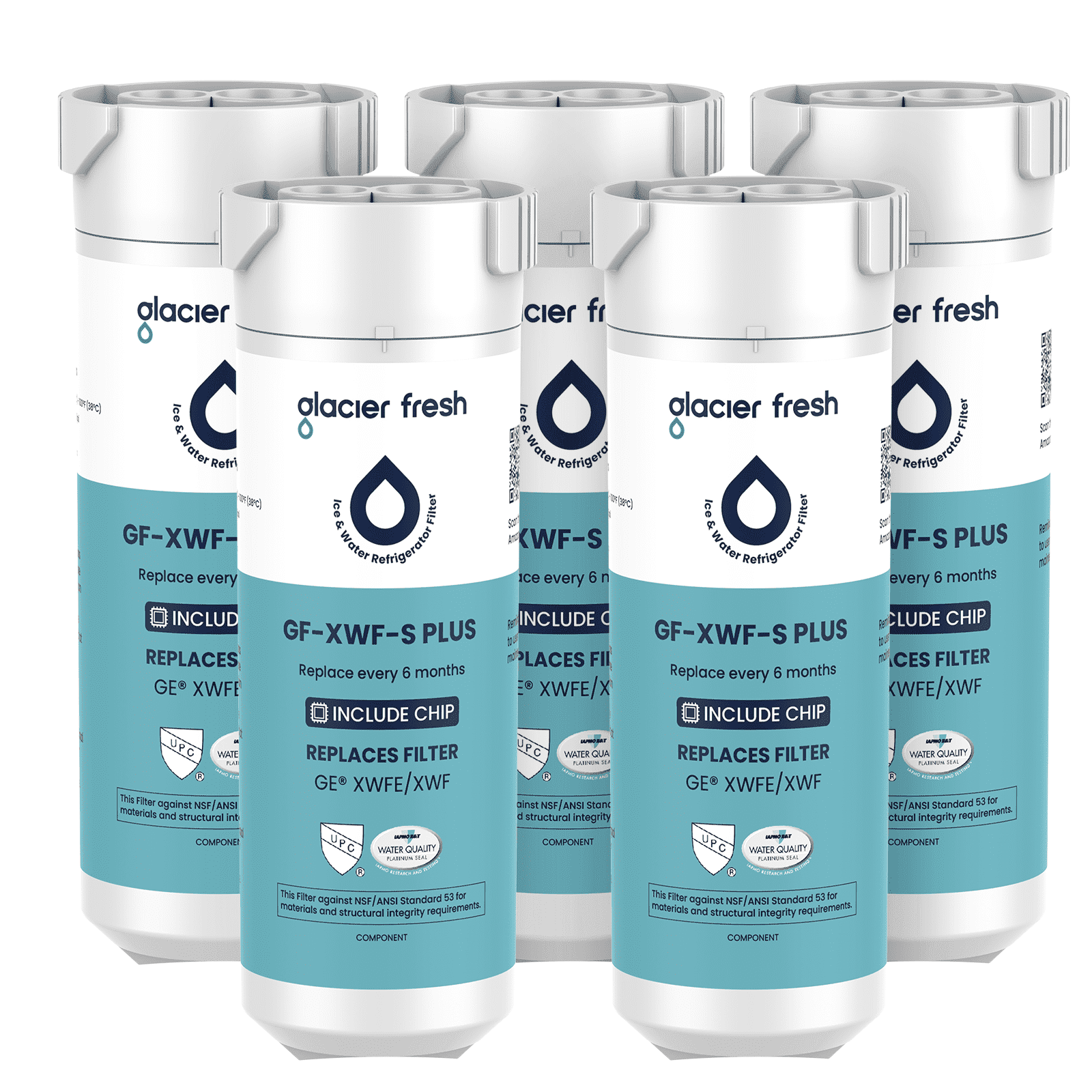 Glacier Fresh XWFE Water Filter(Built-in CHIP), Replacement for GE XWFE, XWF Refrigerator Water Filter, NSF/ANSI 53 Certification, 5 Pack