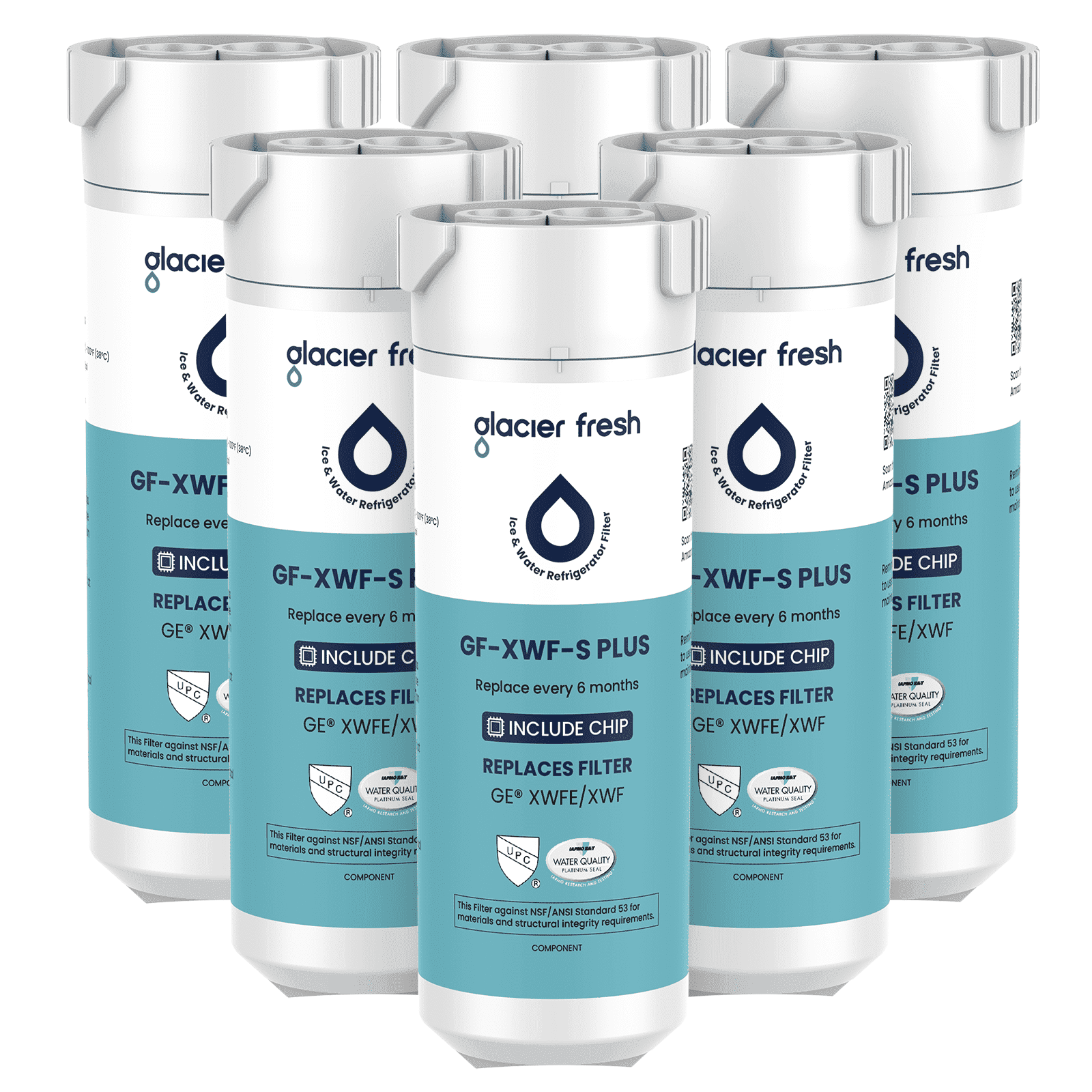 Glacier Fresh XWFE Water Filter(Built-in CHIP), Replacement for GE XWFE, XWF Refrigerator Water Filter, NSF/ANSI 53 Certification, 6 Pack