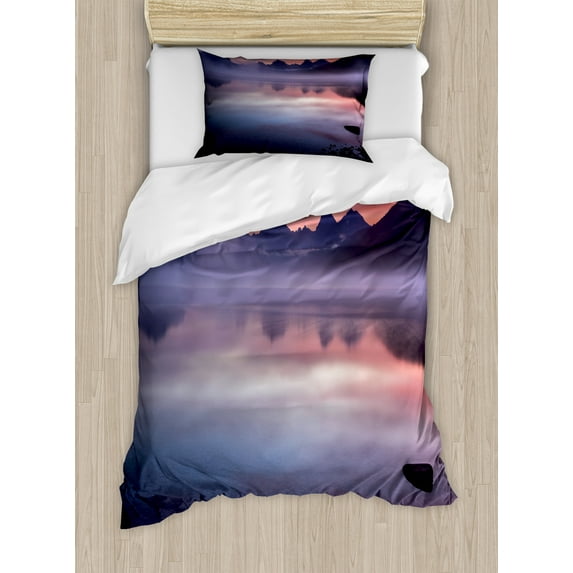 Glacier National Park Duvet Cover Set, Fog Scrolls onto Lake McDonald in Violet Tones, Decorative 2 Piece Bedding Set with 1 Pillow Shams, Twin Size, Coral Mauve, by Ambesonne