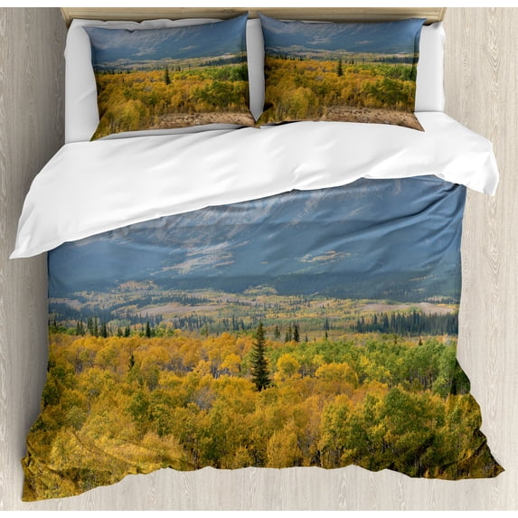Glacier National Park Duvet Cover Set, Foggy and Forest Scene with Mountains on the Back, Decorative 3 Piece Bedding Set with 2 Pillow Shams, Calking Size, Blue Grey Pale Coffee, by Ambesonne