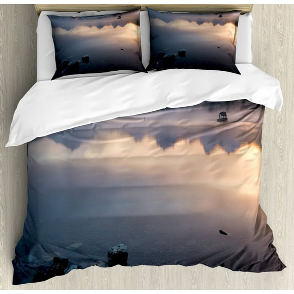 Glacier National Park Duvet Cover Set Queen Size, Dark and Scenic Calm Lake Illustration during a Misty Weather, Decorative 3 Piece Bedding Set with 2 Pillow Shams, Multicolor, by Ambesonne