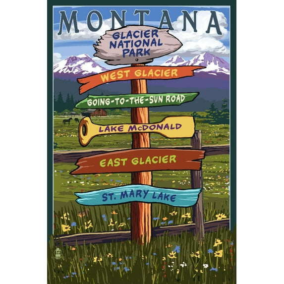 Glacier National Park, Montana, Destination Signpost (24x36 Giclee Gallery Art Print, Vivid Textured Wall Decor)
