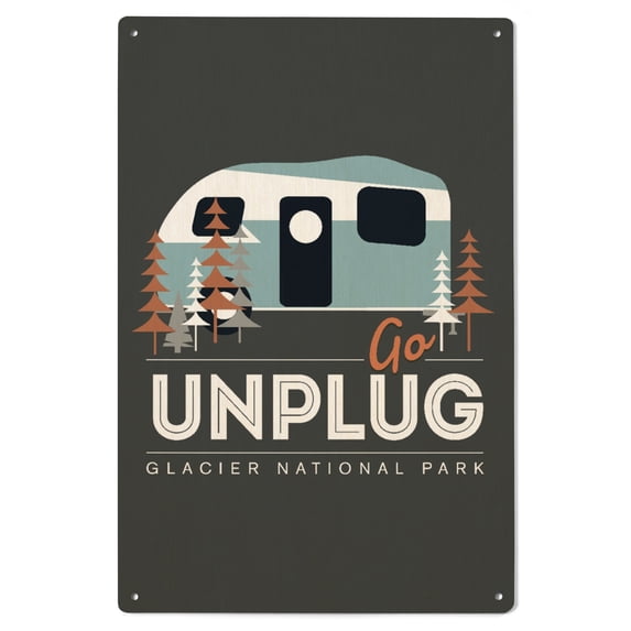 Glacier National Park, Montana, Go Unplug, Retro Camper, Vector, Contour Birch Wood Wall Sign (6x9 Rustic Home Decor, Ready to Hang Art)