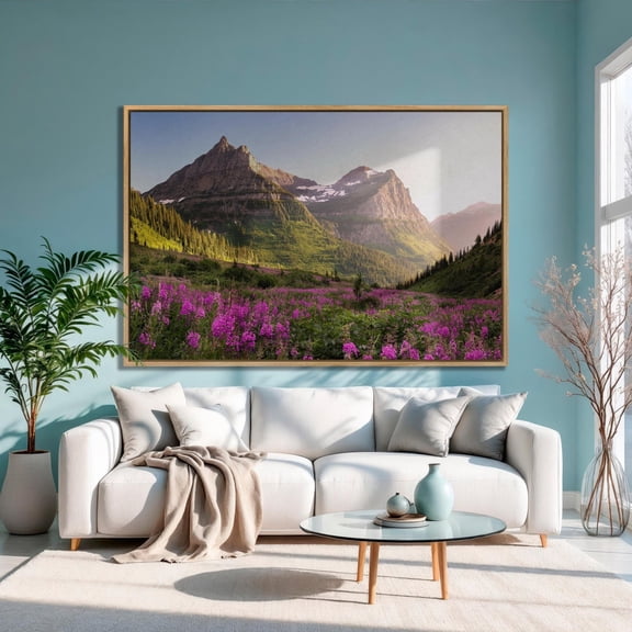 Glacier National Park Print Wildflower Field, Rocky Mountains Poster Decor For Living Room Bedroom, Unframed Canvas Size 24x36