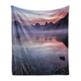 thumbnail image 1 of Glacier National Park Soft Flannel Fleece Throw Blanket, Fog Scrolls onto Lake McDonald in Violet Tones, Cozy Plush for Indoor and Outdoor Use, 50" x 70", Coral Mauve, by Ambesonne, 1 of 5