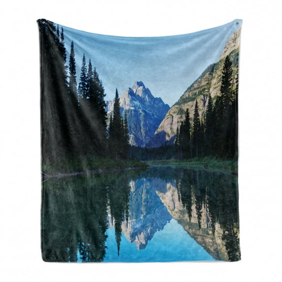 Glacier National Park Soft Flannel Fleece Throw Blanket, Montana USA Nature Themed Photo of Mountain Reflection on Lake, Cozy Plush for Indoor and Outdoor Use, 60" x 80", Multicolor, by Ambesonne