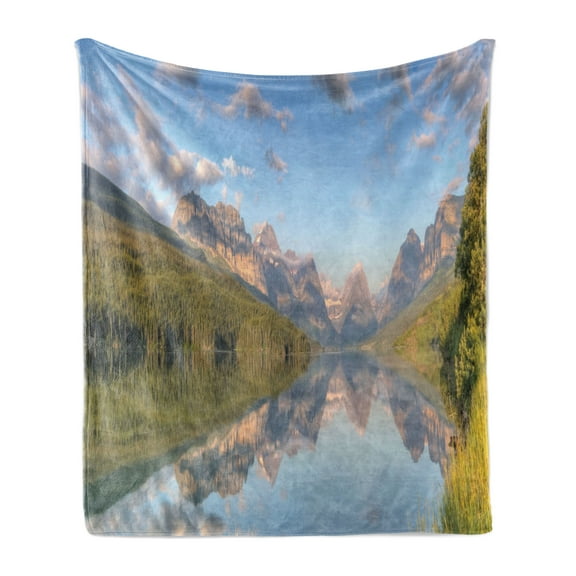 Glacier National Park Soft Flannel Fleece Throw Blanket, Pattern of Panoramic Morning View of Lake Sherburne in Montana, Cozy Plush for Indoor and Outdoor Use, 50" x 60", Multicolor, by Ambesonne