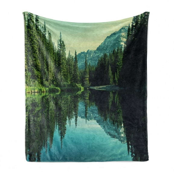 Glacier National Park Soft Flannel Fleece Throw Blanket, Tree and Mountain Reflections on Calm Water, Cozy Plush for Indoor and Outdoor Use, 50" x 60", Olive Green Seafoam, by Ambesonne