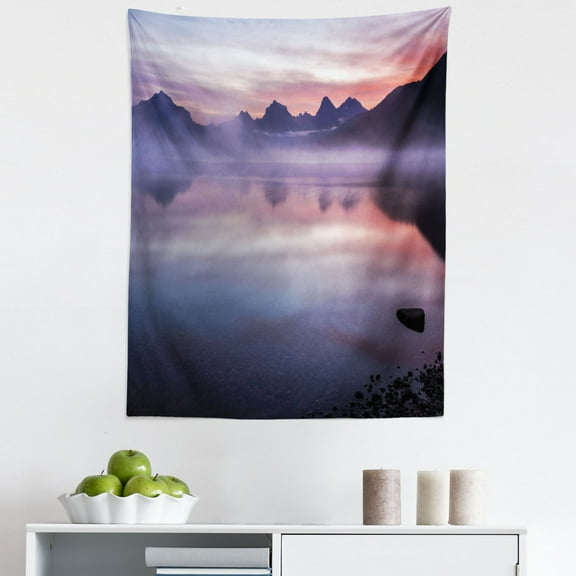 Glacier National Park Tapestry, Fog Scrolls onto Lake McDonald in Violet Tones, Fabric Wall Hanging Decor for Bedroom Living Room Dorm, 5 Sizes, Coral Mauve, by Ambesonne