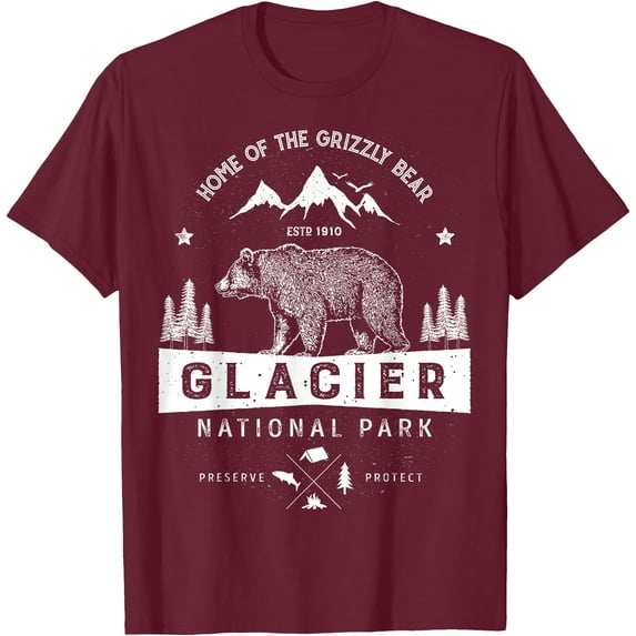 Glacier National Park Vintage Montana Bear Unisex T-Shirt for Men Women Kids Toddler,Maroon Color,Size M