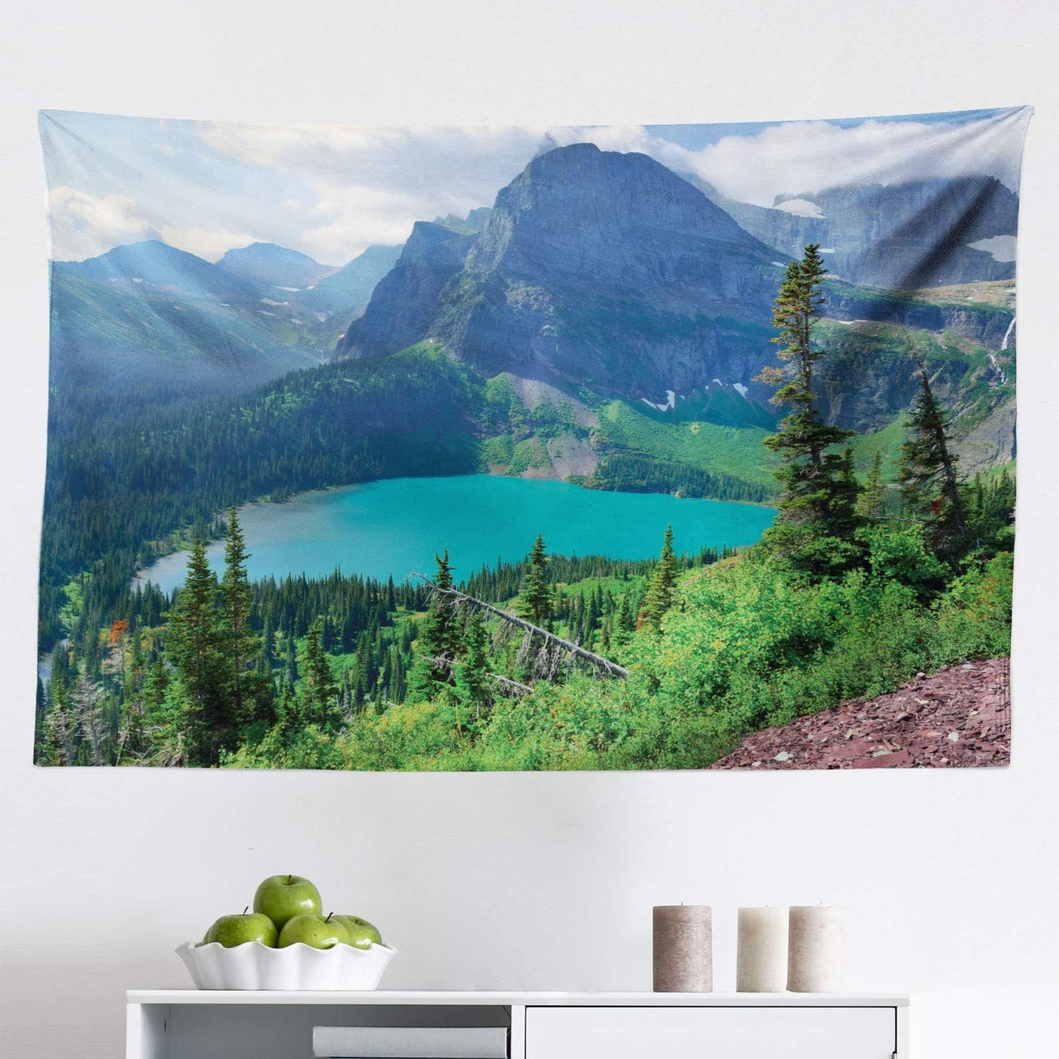 Glacier Park Tapestry, Outdoor Scene With Grinnell Lake And Mountains