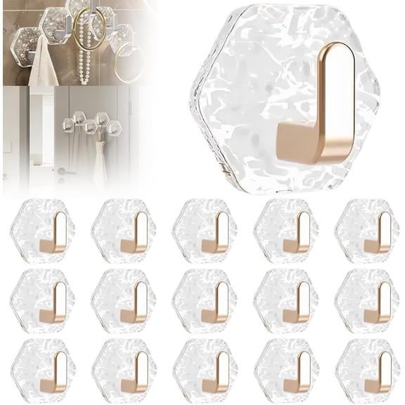 Glacier Ripple Hook Water Ripple Hexagonal Self Adhesive Wall Hooks, Water Ripple Hexagonal Self Adhesive Hooks, Heavy Duty Waterproof Adhesive for Towels, Keys & Home Decor (Gold,15pcs)
