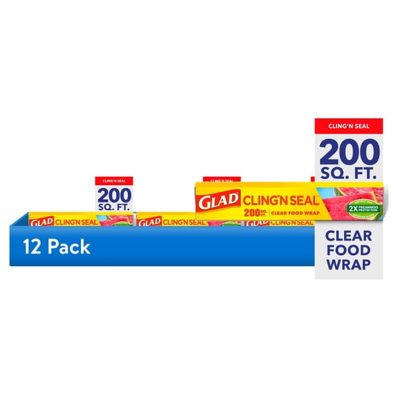 (12 pack) Glad Cling N Seal Plastic Food Wrap, 200 sq ft Roll