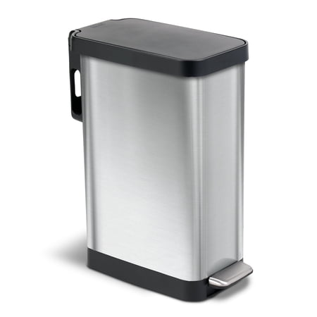 Glad Kitchen Trash Can, 12 Gallon Stainless Steel Slim Step Garbage Bin with Black Lid, Silver