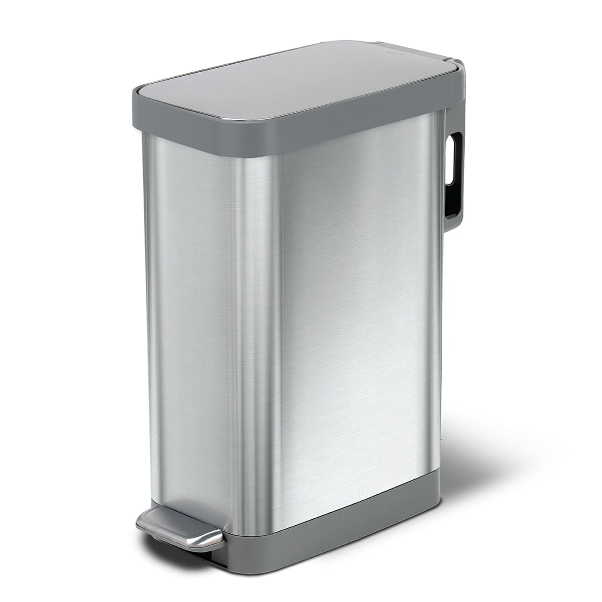 Glad Kitchen Trash Can, 12 Gallon Stainless Steel Slim Step Garbage Bin with Grey Lid, Silver