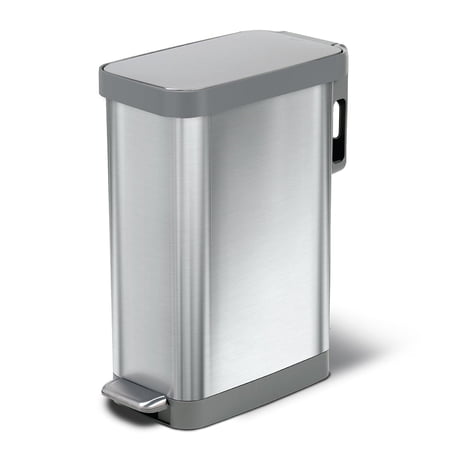 Glad Kitchen Trash Can, 12 Gallon Stainless Steel Slim Step Garbage Bin with Grey Lid, Silver