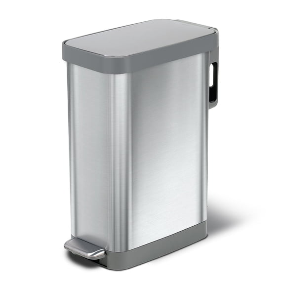 Glad Kitchen Trash Can, 12 Gallon Stainless Steel Slim Step Garbage Bin with Grey Lid, Silver