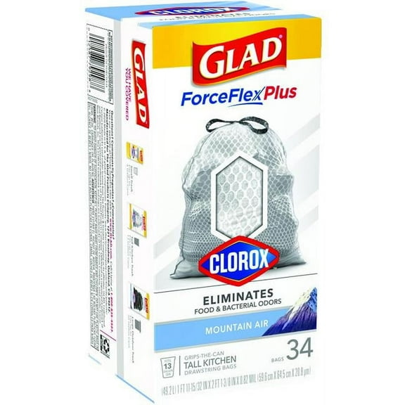 Glad  13 gal Force Flex Plus Mountain Air Scent Tall Kitchen Drawstring Bags - Case of 34 - Pack of 6