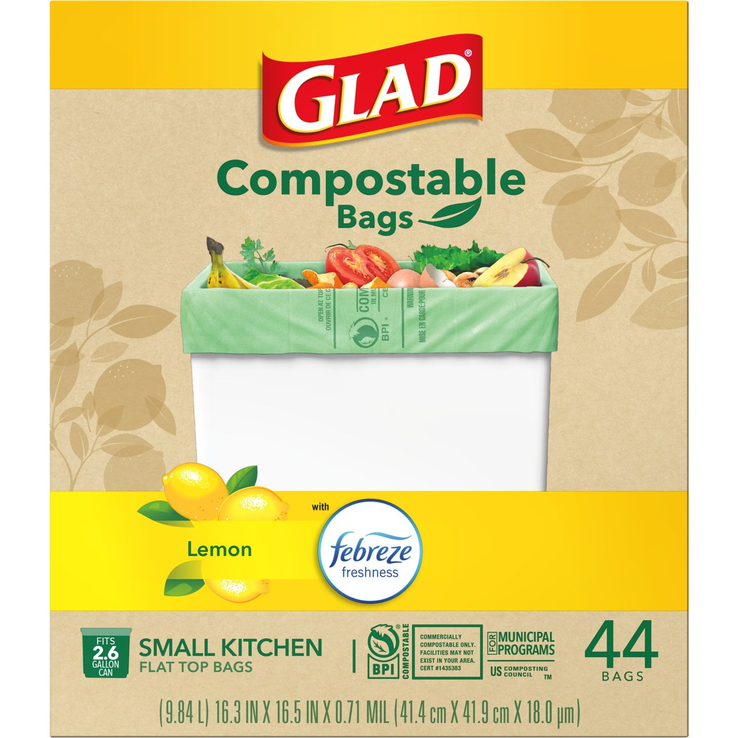 Glad 2.6 Gallon Small Kitchen Compost Bags, Lemon, 44 Bags