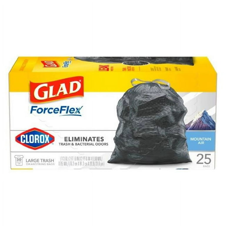 Glad® Large Drawstring Trash Bags, ForceFlex with Clorox™, 30 Gallon Black Trash  Bags, Mountain Air, 25 Count