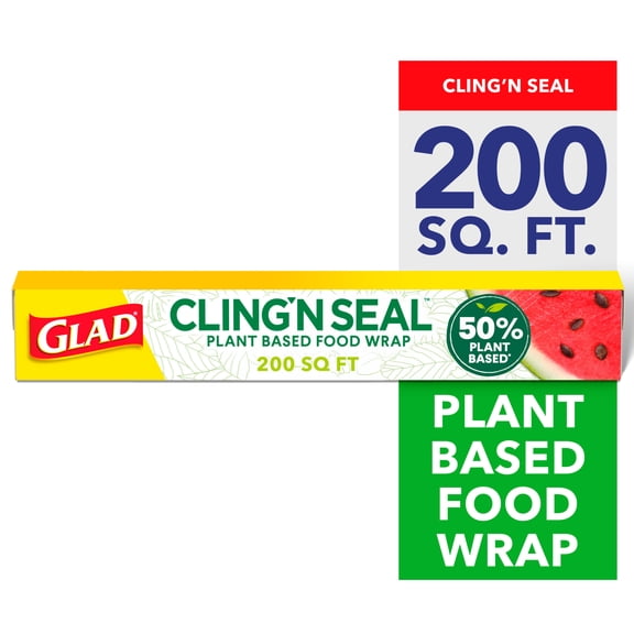 Glad 50% Plant-Based Cling N Seal Food Wrap, 200 Square Foot Roll