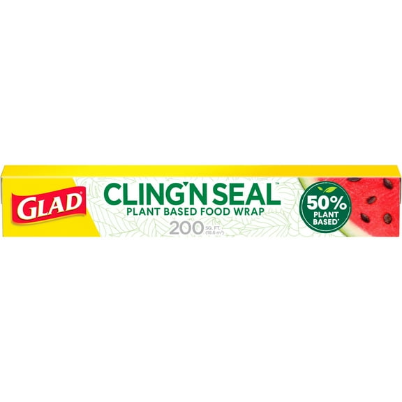 Glad 50% Plant-Based Cling N Seal Food Wrap, 200 Square Foot Roll