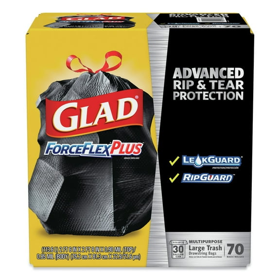 Glad 70358 30 in. x 32 in. 30 gal. 1.05 mil ForceFlexPlus Drawstring Large Trash Bags - Black (70/Carton)